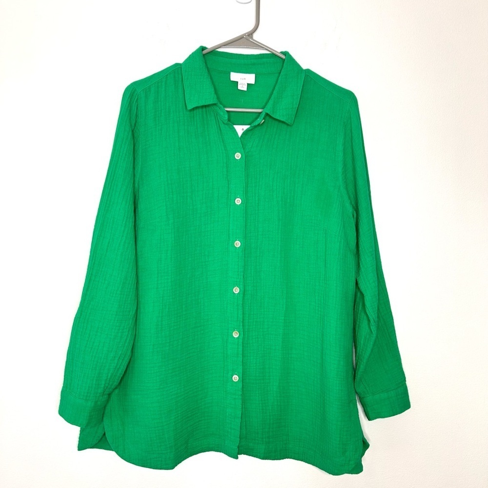 J.Jill Womens Sz SP Cotton Gauze Easy Shirt Green Papay Beach Resort Vacation